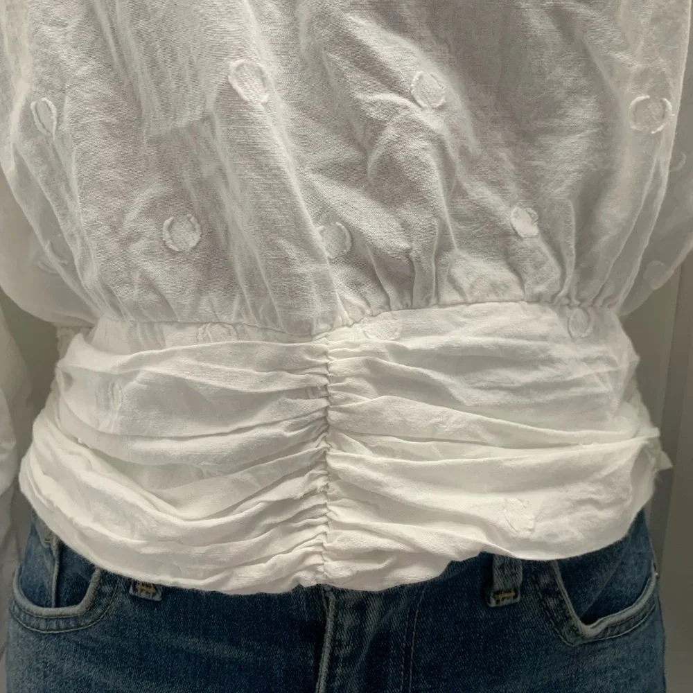 Maeve by Anthropologie Polkadot Puff Sleeve Top Size 6 White Blouse Cropped